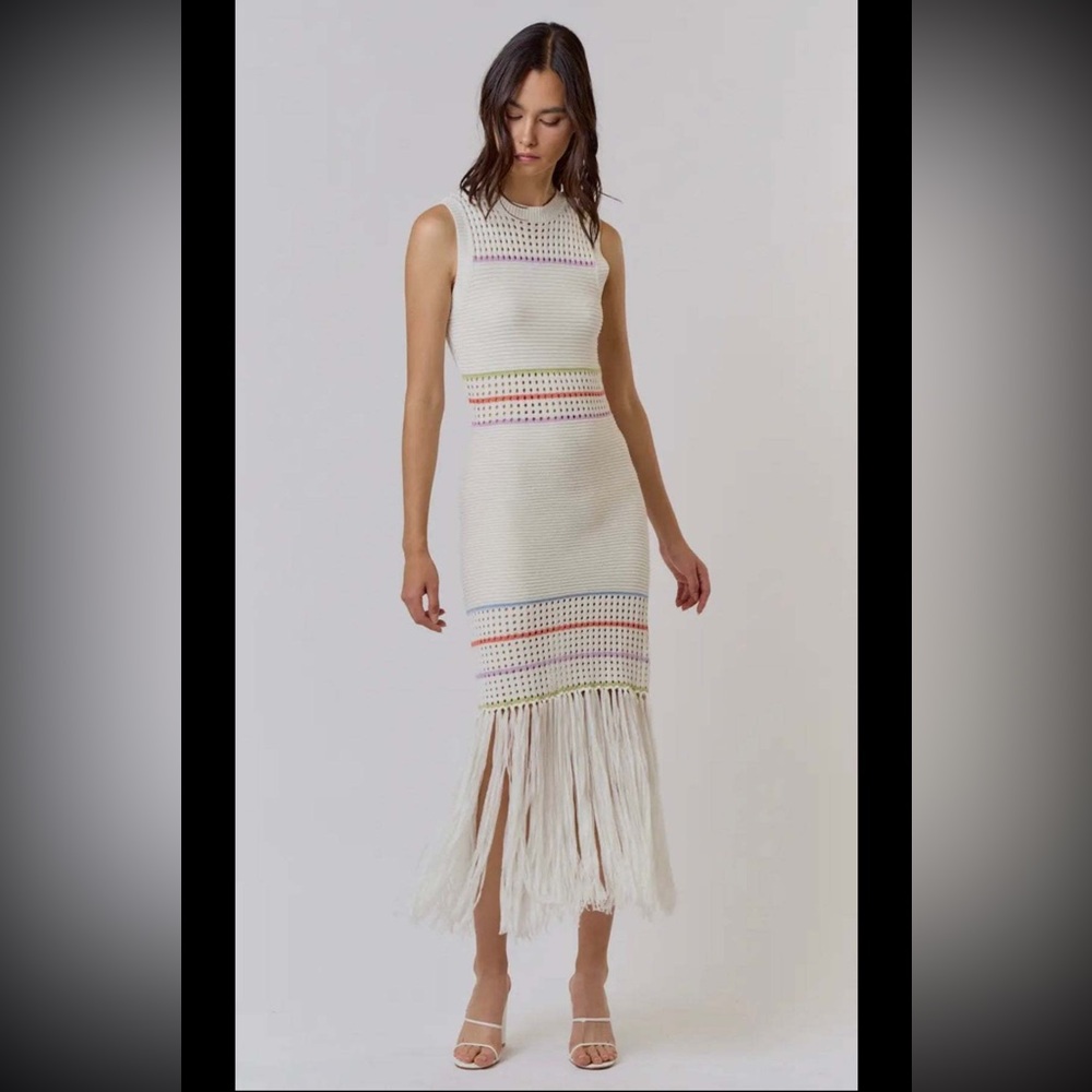 NWT Lalavon Free-Spirited Striped & Fringe Sweater Knit Maxi Dress – Large